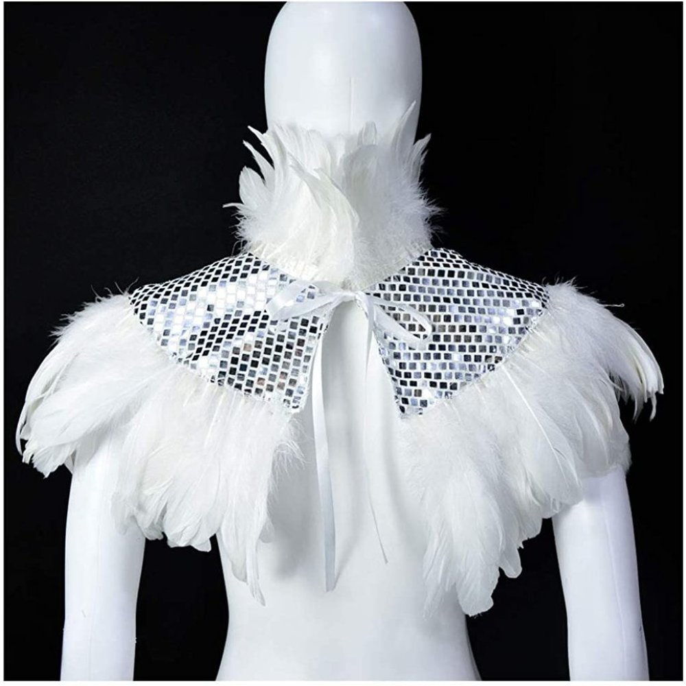 Natural Feather Sequin Shawl Gothic Black Cape - Picture 3 of 6